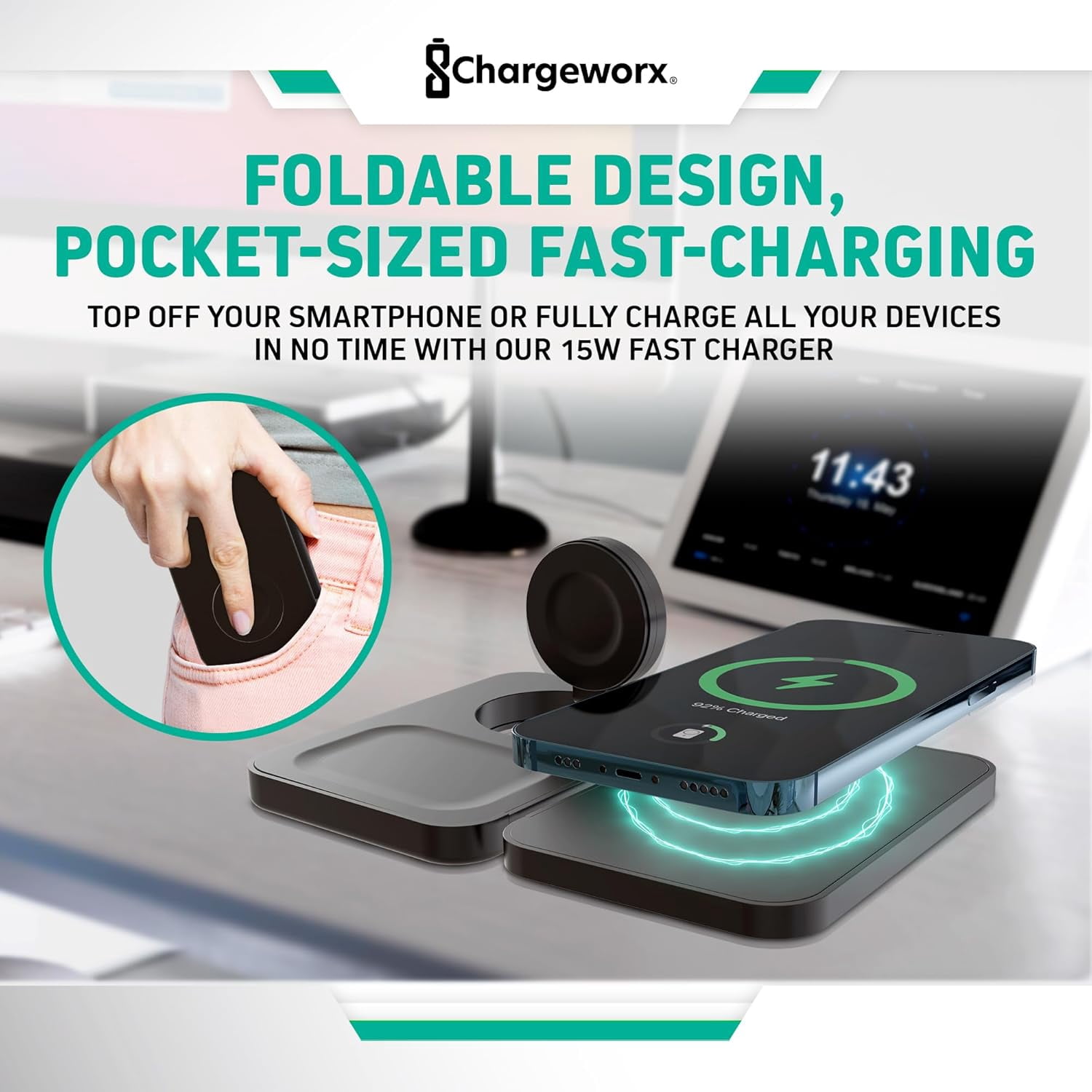ChargeWorx 3-in-1 Wireless Charger, Foldable Magnetic Charging Station with 15-Watt Fast Charging, Compatible with iPhone, Samsung, and Other Phones, Smartwatches, and Headphones, Black