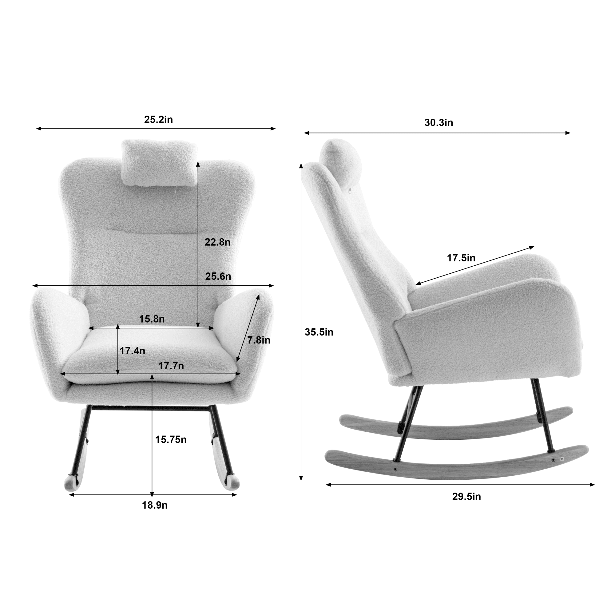 Nursery Rocking Chair, 35.5" Teddy Fabric Upholstered Glider Rocker with High Backrest, Modern Rocking Accent Chairs Comfy Side Chair for Nursery, Bedroom, Living Room,White