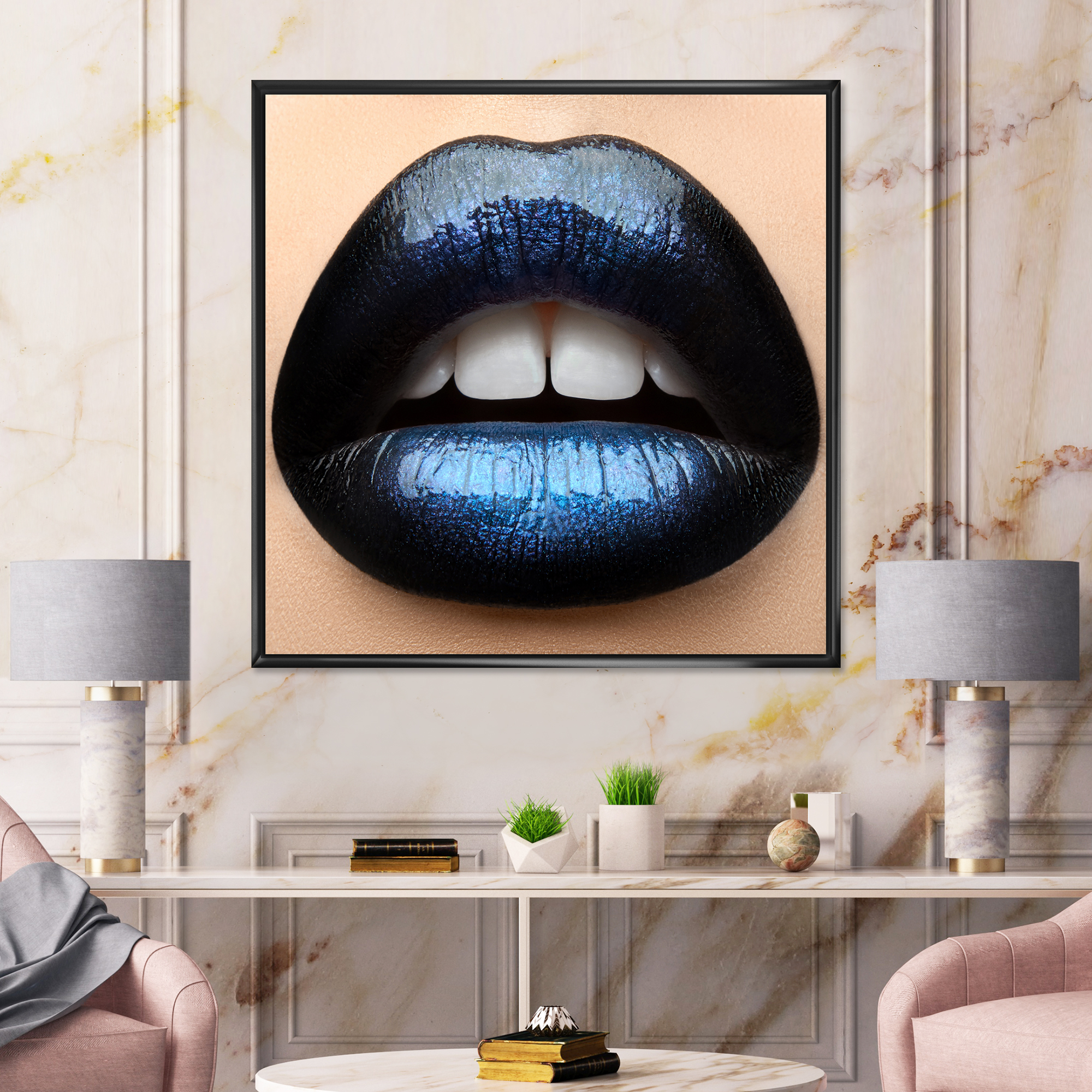 Designart 'Girl Lips With Black and Blue Lipstick' Modern Framed Canvas Wall Art Print