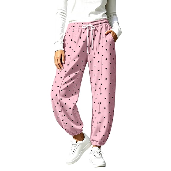 ZHYou No Boundarie Women's Jogger Pants Loose Casual Cuffed Leg Polka Dot High Waist Drawstring Sweatpants with Side Pockets,Pink,Size XL