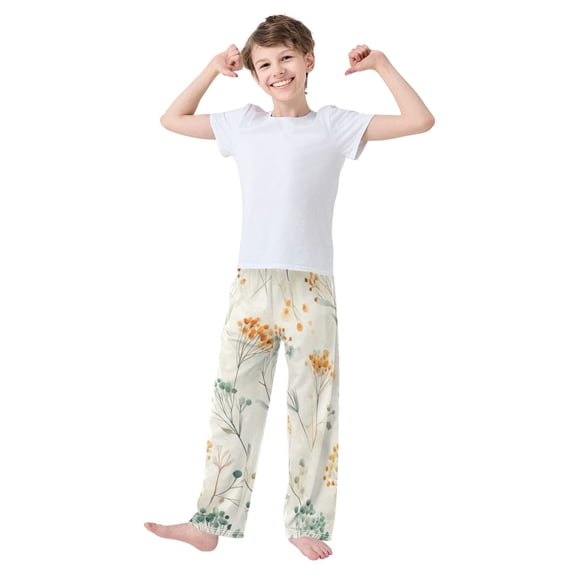 Kids' Pajama Pants Soft Relaxed Fit Sleep Pants Lounge Pants with Pockets Green and Orange Small Flowers Small