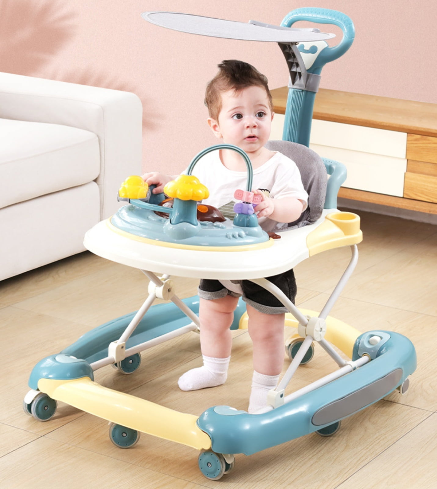 HAOUUCYIN 4-in-1 Baby Walker, Music Activity Push Walker with Wheel, Foldable and Height Adjustable, Green