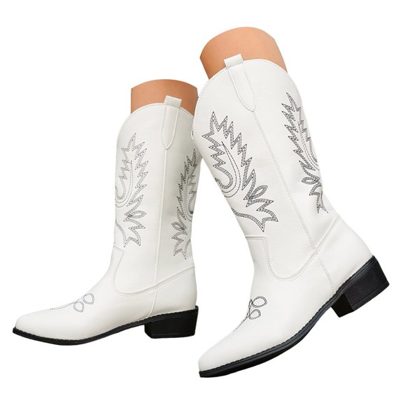 YLYL Boots for Women Cowboy Cowgirl Embroidered Stitched Pointed Toe Block Heel Western Mid Calf Boot