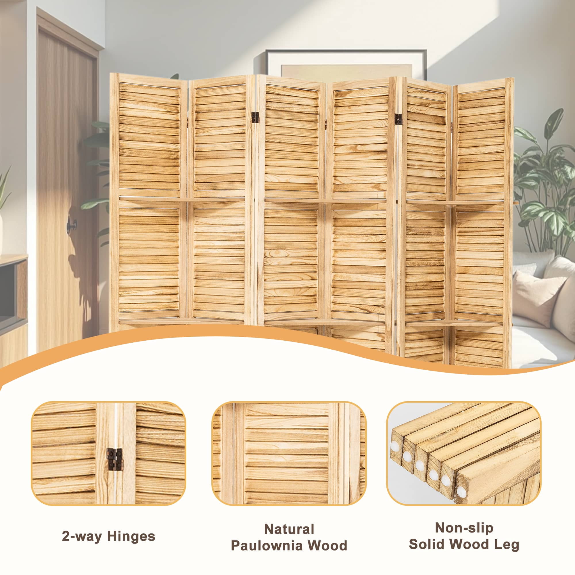 MAYEERTY 6 Panel Wood Room Divider with Display Shelves, Freestanding Privacy Screen, Natural Color