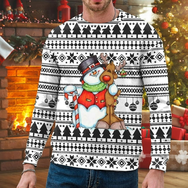 WILLBEST et Chandails en Molleton Hommes Automne et Hiver Tendance Décontractée Chandail Imprimé de Noël Col Rond Chandail à Capuchon