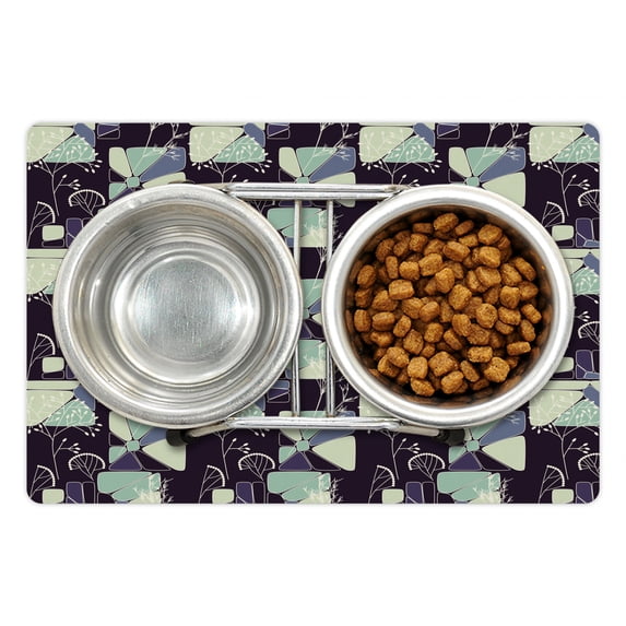 Floral Pet Mat for Food and Water, Geometric Soft Shapes with Flower Silhouettes Spring Summer Print, Non-Slip Rubber Mat for Dogs and Cats, 18" X 12", by Ambesonne