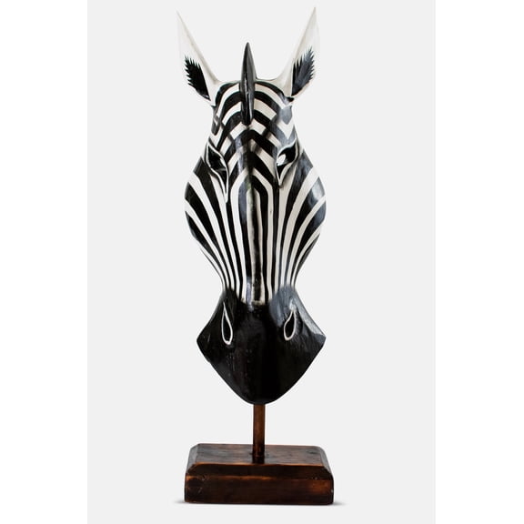 20" Wooden Tribal Striped Black White Zebra Mask with Stand Hand Carved Home Decor Accent Art Unique Sculpture Handmade Handcrafted Mask Stand Alone