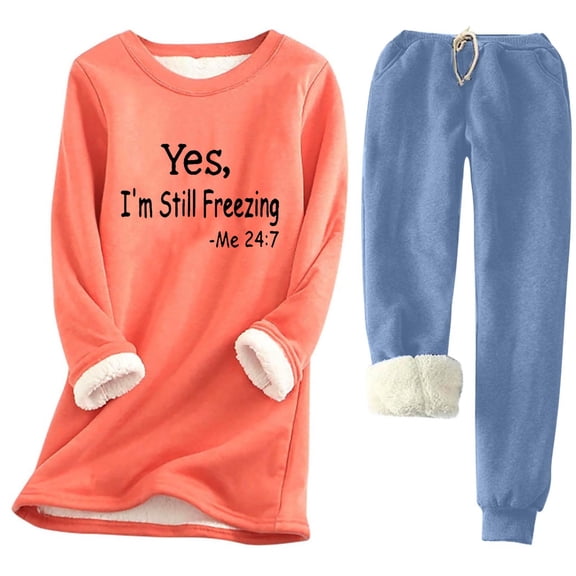 2 Piece Sets for Women Fall Plus Size Two Piece Sets for Women Fall Women's Solid Round Neck With Thickened Insulation Long Sleeved Top And Pocket Thickened Pants Set