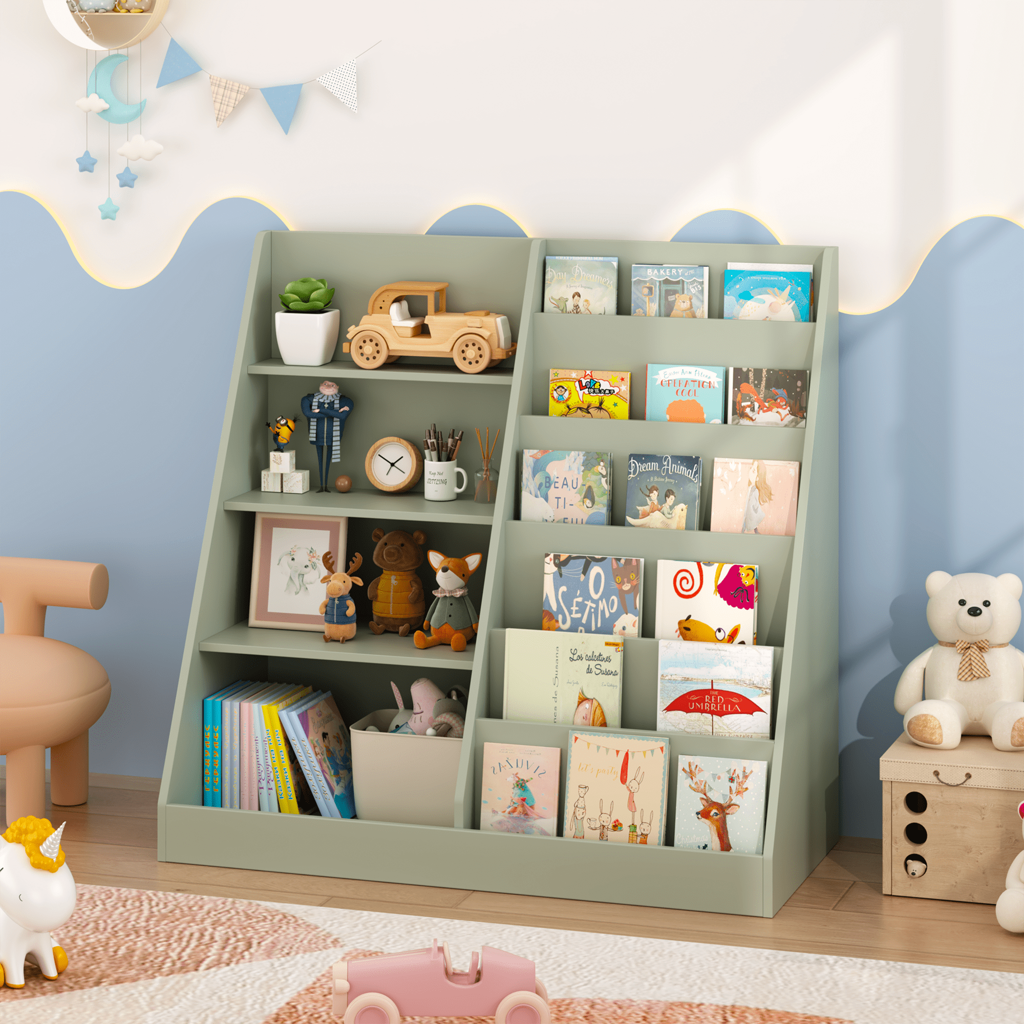 Sage Green Kids Bookshelf with Toy Storage Bin 2-Tier Display Childrens Room Organizer