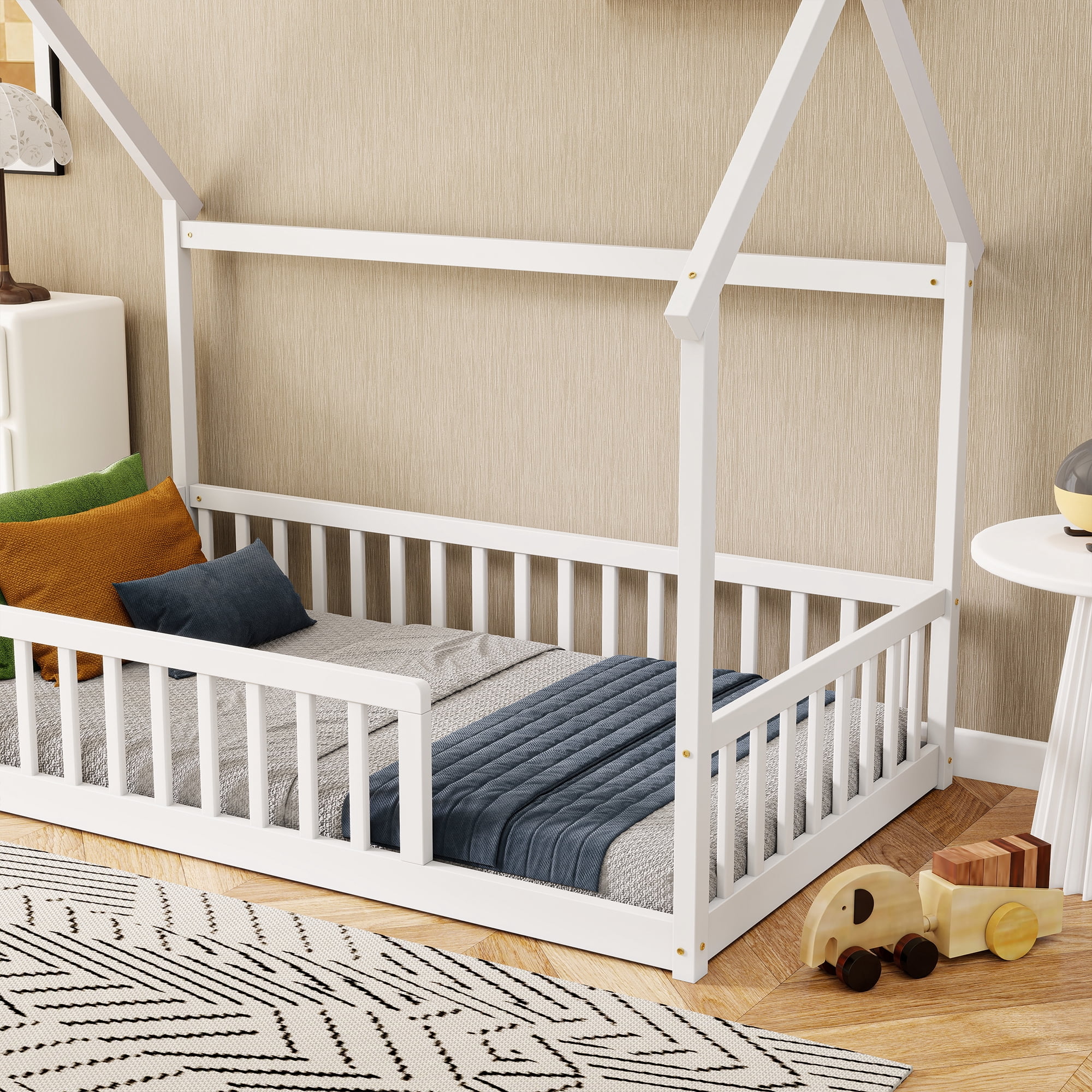 Twin Size House Floor Bed with Roof Frame, Pine Wood Floor Bed with Safety Guardrails, White