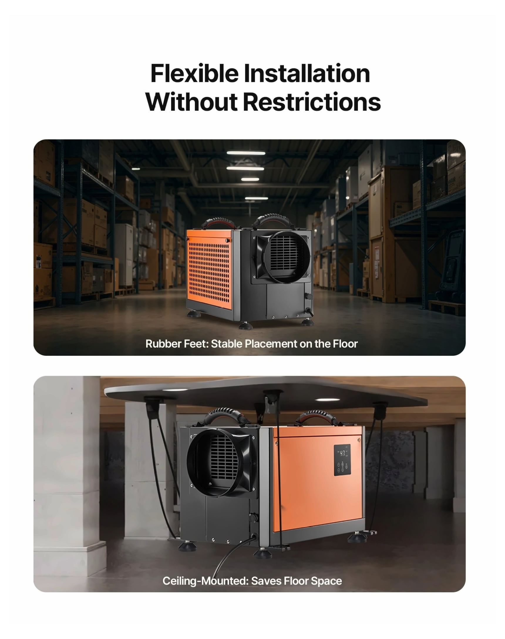 70 Pints Commercial Dehumidifier with Pump - Crawl Space & Basement Dehumidifier, Industrial Portable Dehumidifiers, Auto Defrost, Galvanized Steel