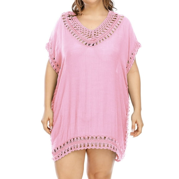 TIHLMK Plus Size Cover up Swimsuit for Women Ladies Loose Solid Color Hand Hook Stitching V-neck Qversized Blouse Beach Dress Swimsuit Cover Up