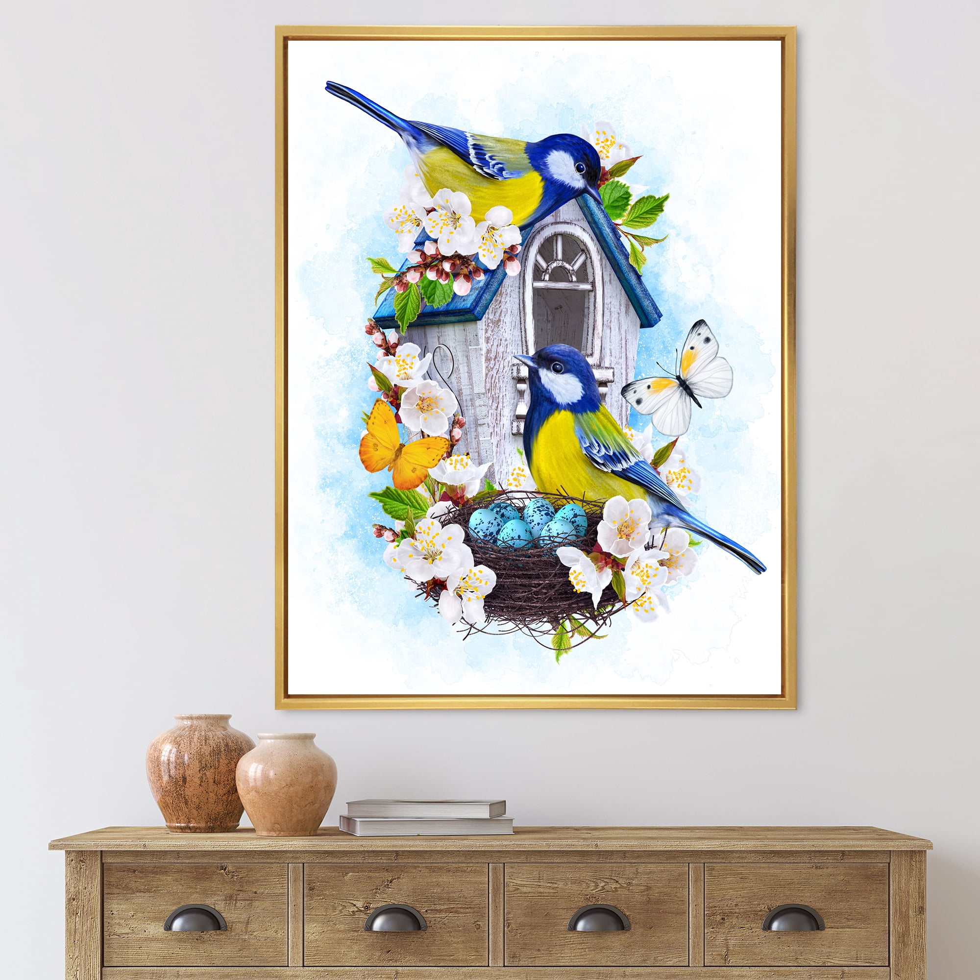 Designart 'Two Tit Birds Sitting Near The Nest With Eggs and White Flowers I' Traditional Framed Canvas Wall Art Print