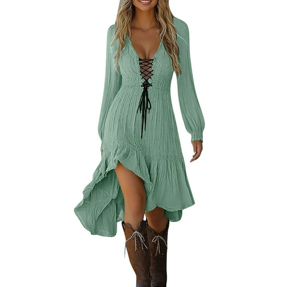 HongQid Womens Summer Dresses Vintage Cowgirl Midi Dress Casual Sleeveless Ruffled Sundresses Halloween Western Outfit