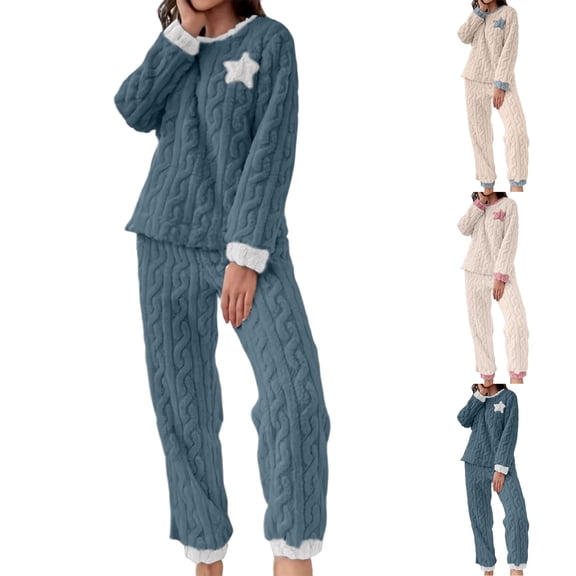 SBYOJLPB 2-Piece Sets for Women Winter Thickened Long-Sleeve Top and Pants Warm Pajama Set
