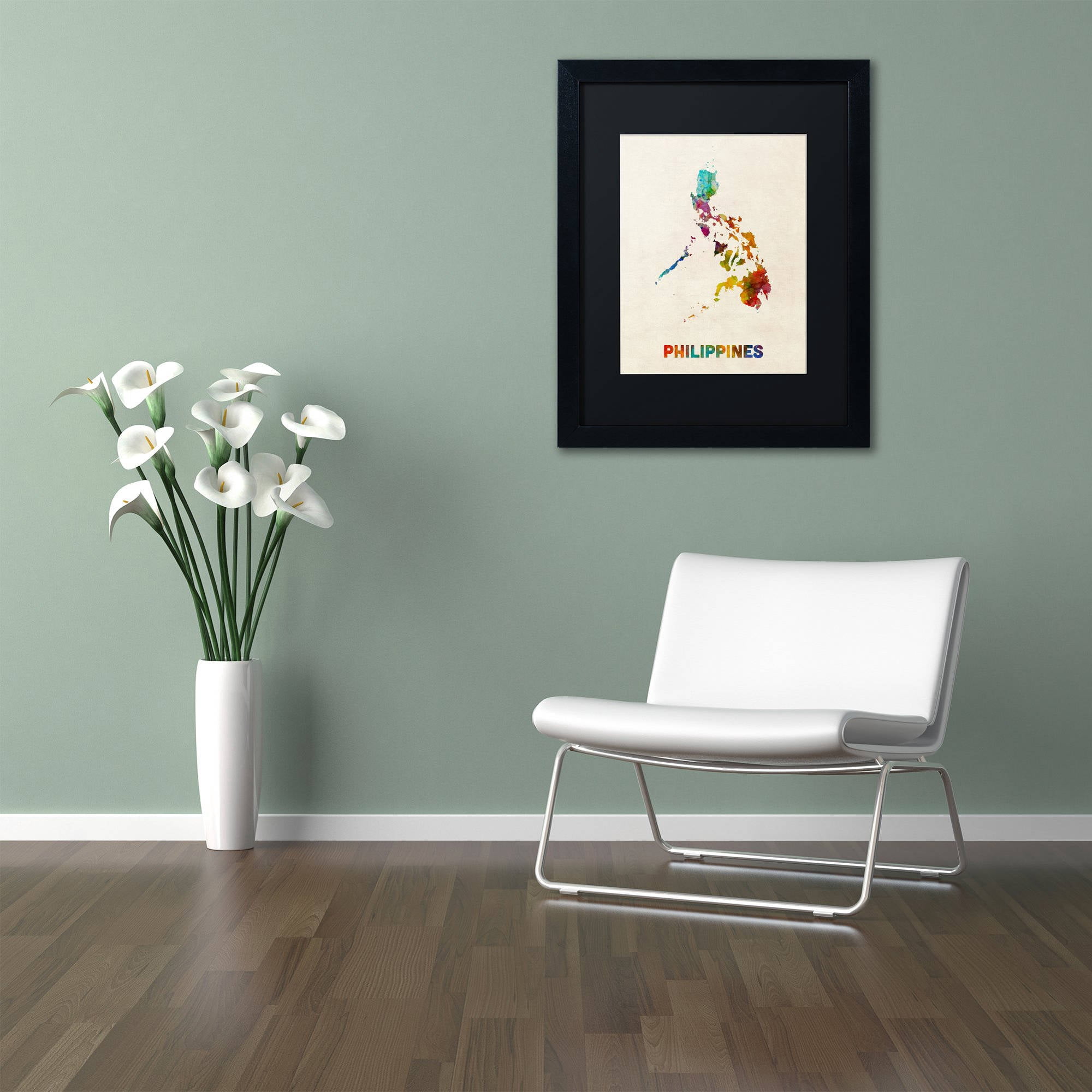 Trademark Fine Art "Philippines Watercolor Map" Canvas Art by Michael Tompsett, Black Matte, Black Frame