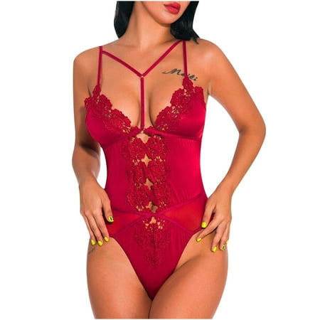 

Womens Lingerie Sets Clearance Lace Bib Pants Coverall Bodysuit Undershirts One-Piece Leotard Girls Underwear Red L