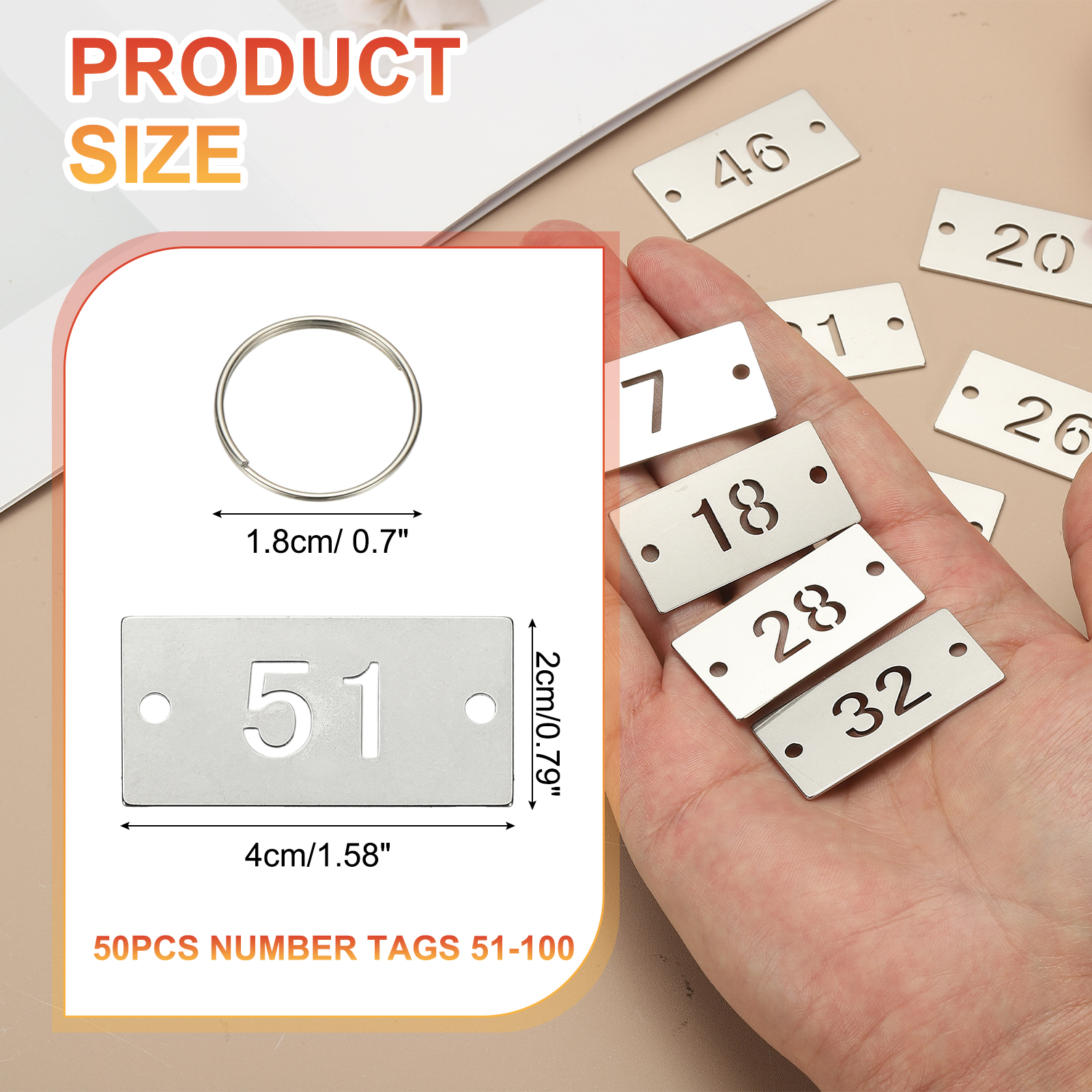 50PCS Number Tags 51-100, Number Key Tags Stainless Steel Numbered Keychain Metal Sheet Plate with 2 Holes Key Rings for Plant Organizer Field Hangers Labels, Rectangle, Silver