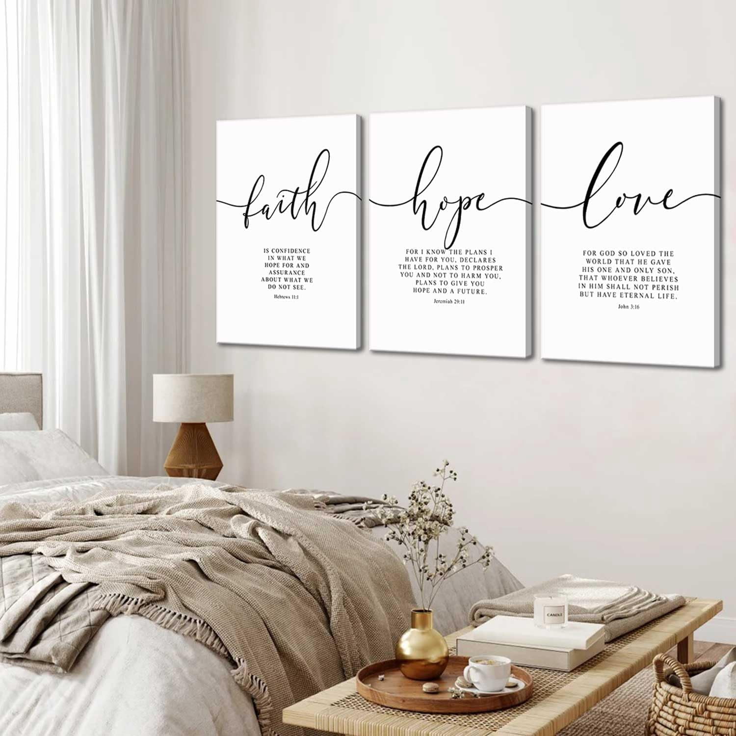 3Pcs Framed Faith Hope Love Bible Verse Canvas Wall Art Christian Scripture Quote Posters Prints Inspirational Religious Wall Decor Pictures Paintings for Living Room Bedroom Home Decoration