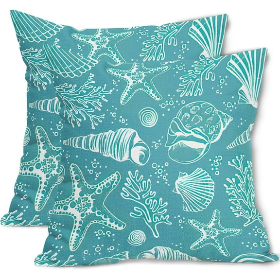 Summer Teal Pillow Covers 18x18 Inch Set of 2 Nautical Coastal Coral Starfish Seashell Throw Pillow Covers Beach Cotton Linen Square Cushion Case for Sofa Bed Couch Indoor Outdoor Home Decor