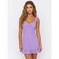 thumbnail image 4 of Vestido corto de verano para mujer, color liso, ribete de encaje, mangas acampanadas, escote en V, corte en A., 4 of 9