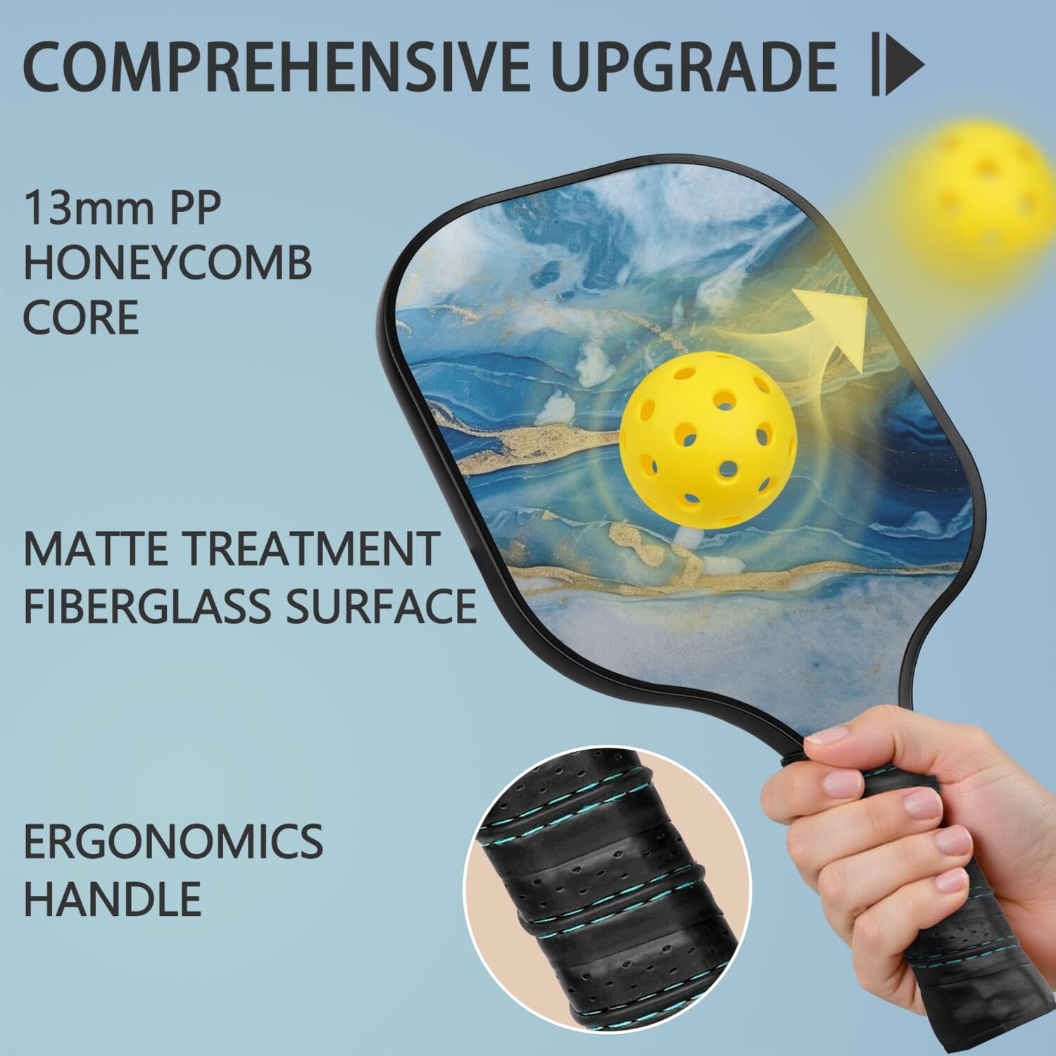 Pickleball Paddles Set Of 2, Fiberglass Surface, Turquoise Marble Pattern, 4 Balls & Bag