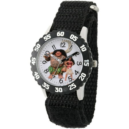 Disney Moana and Maui Boys' Stainless Steel Time Teacher Watch with Black Bezel, Black Hook and Loop Nylon Strap