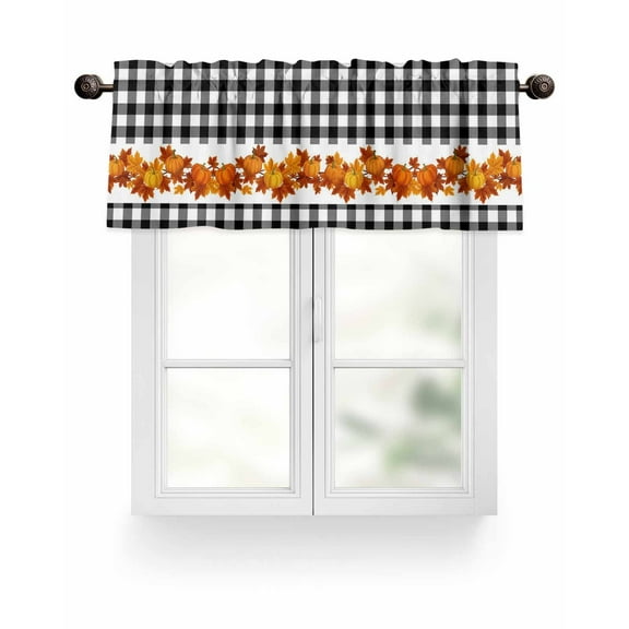 Farm Fall Thanksgiving Kitchen Valances for Windows Orange Leaf Pumpkin Valance Curtains  for Kitchen /Living Room/Bedroom/ Bathroom Decor, 54"x18 " ,Rod Pocket 1 Panel, Black White Plaid