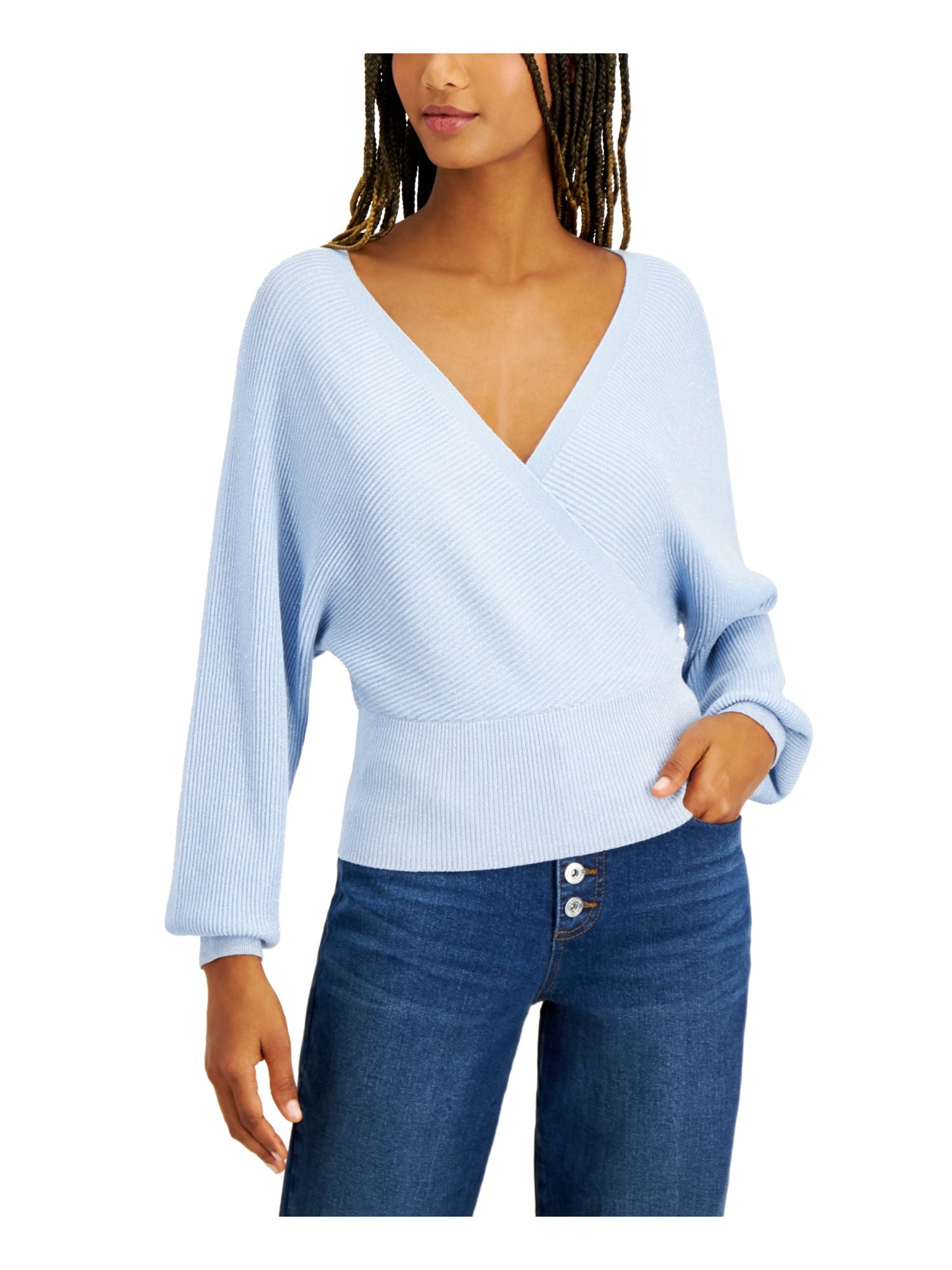 INC Womens Light Blue Long Sleeve Surplice Neckline Faux Wrap Sweater Size:  M - Walmart.com