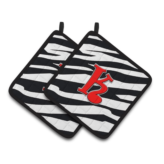 Carolines Treasures CJ1024-KPTHD Letter K Initial Monogram - Zebra Red Pair of Pot Holders, 7.5HX7.5W, multicolor