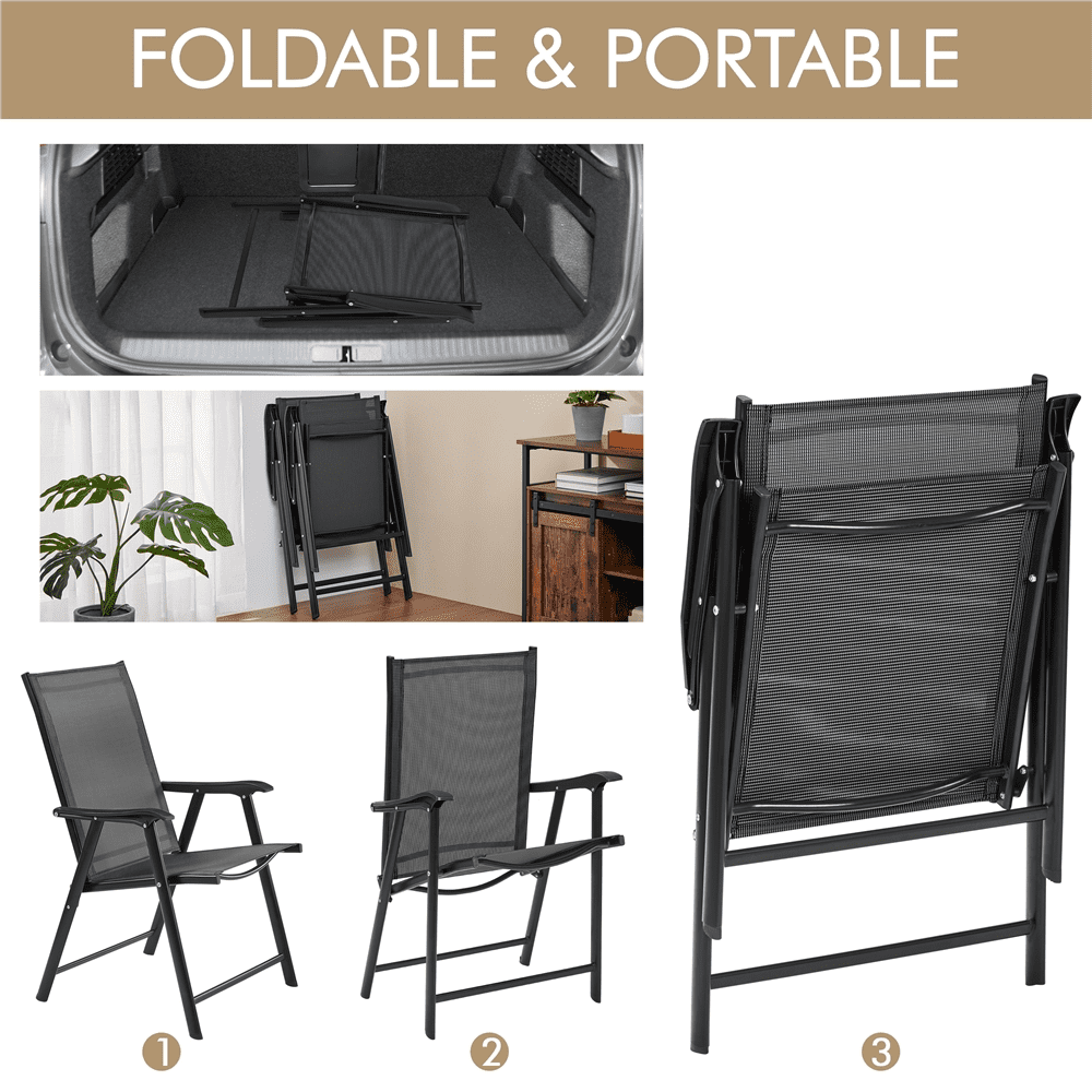Renwick Outdoor Texteline Folding Dining Chairs with Backrest, Set of 4, Black