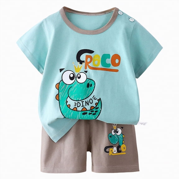 Hessimy Toddler Boy Summer Outfits Cute Sporty Cartoon T-Shirt Short Set 2pcs, Athletic Style(Blue,9-18 Months)