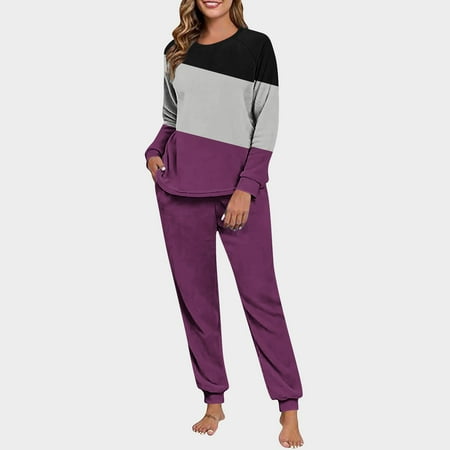 SYMOID Purple Womens Loungewear Set - 100% Polyester Top & Pants Relaxed Fit Crew Neck S-XXL for Home & Casual Wear Size XL