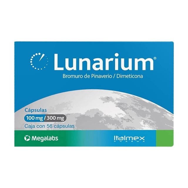 Lunarium Bromuro de Pinaverio 100 mg, Dimeticona 300 mg 56 cápsulas