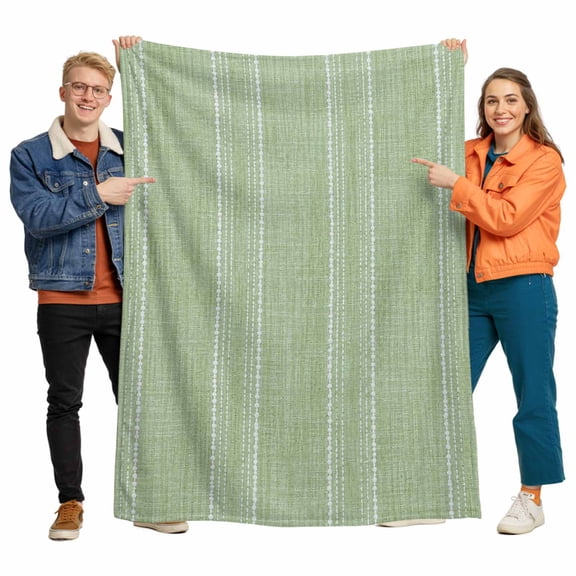 Flannel Throw Blanket for Couch Sofa Bed, Olive Green and White Striped Soft Cozy Warm Fuzzy Blanket 40x50in