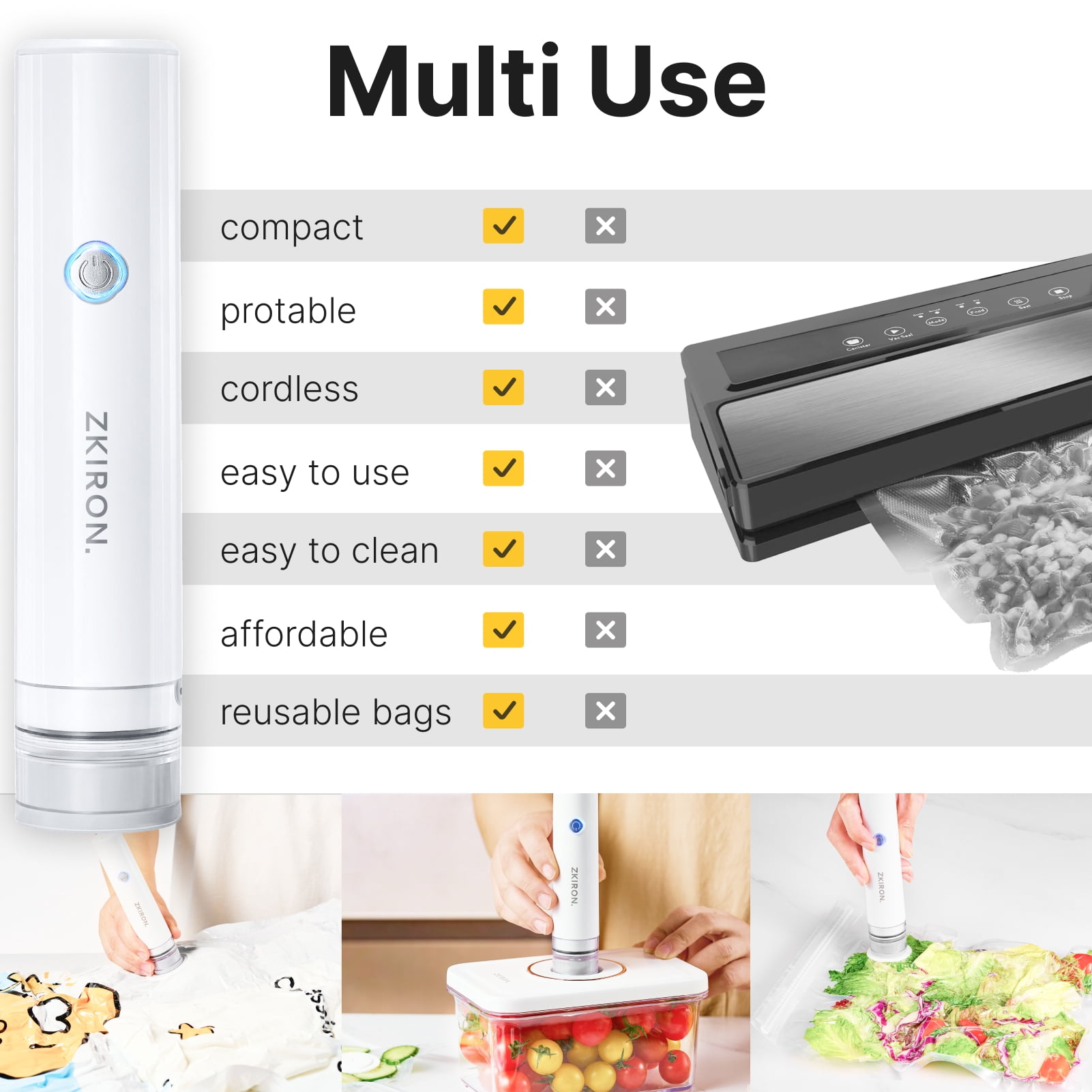 ZKIRON Handheld Vacuum Sealer for Food - Cordless Portable Food Sealer with 12 Reusable Vacuum Bags, Compact Food Saver for Sous Vide, Meal Prep & Kitchen Storage, One-Touch Freshness Preservation