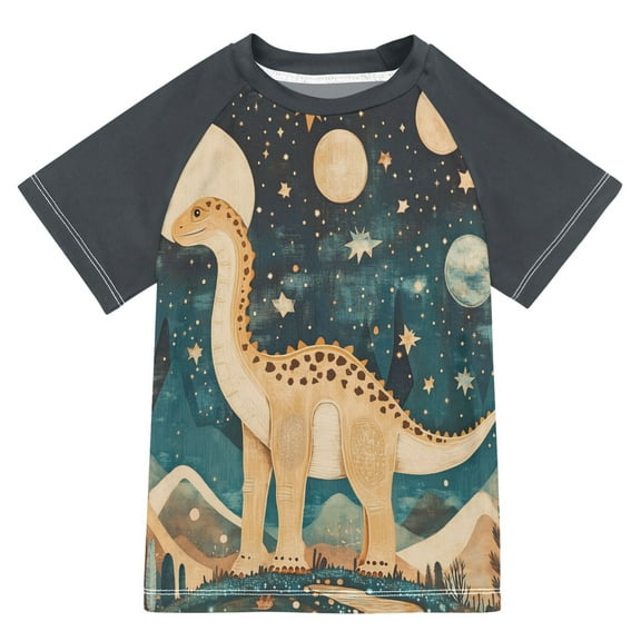 FORMRS Boys Rash Guard with Short Sleeves UPF 50 Swim Shirts Sizes 3-12T, Dinosaur at Night