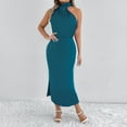 thumbnail image 2 of SMihono Women's Long Formal Satin Dress Mock Neck Sleeveless Side Slit Flowy Maxi Tank Dress Cocktail Party Dresses Navy L, 2 of 8
