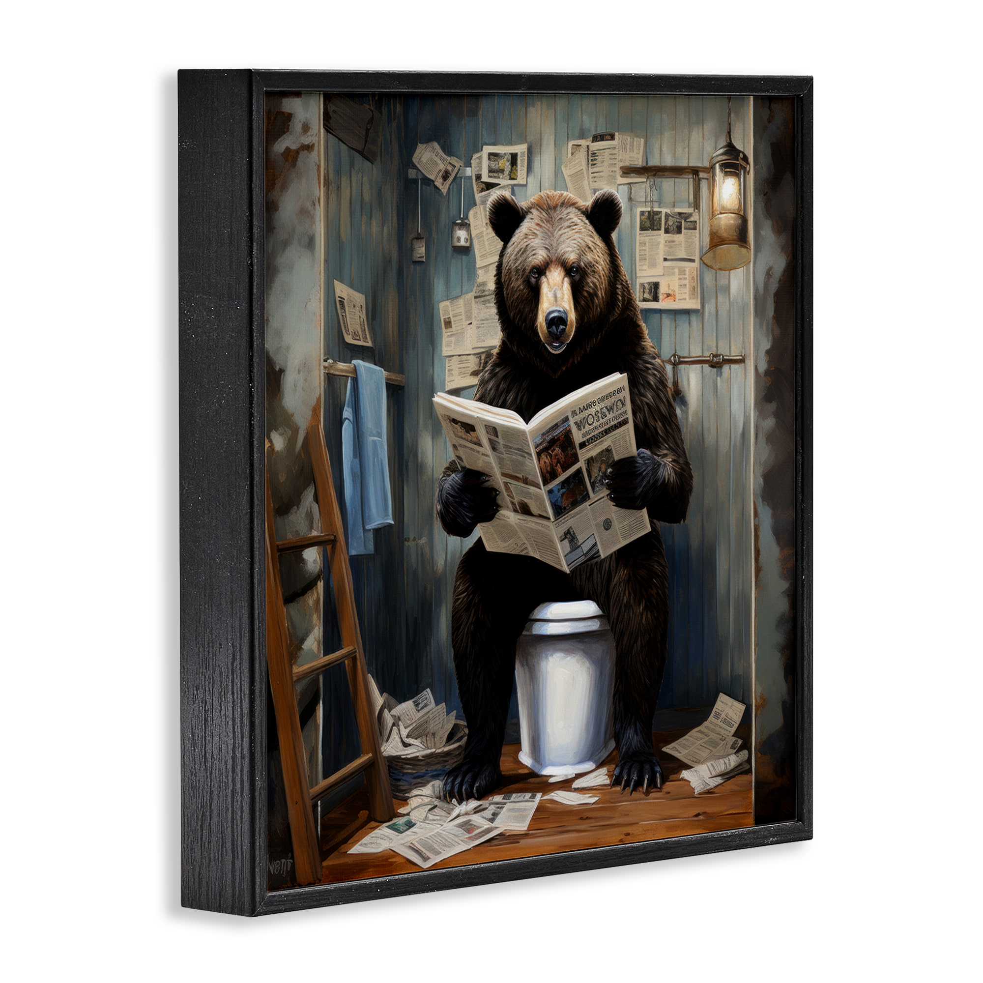 Bear with Newspaper Bathroom Black Framed Giclee Art, 12 x 12