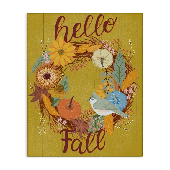 Stupell Industries Hello Fall Bird Wreath Animals Painting Wrapped Canvas Art Print Wall Art, 16 x 20
