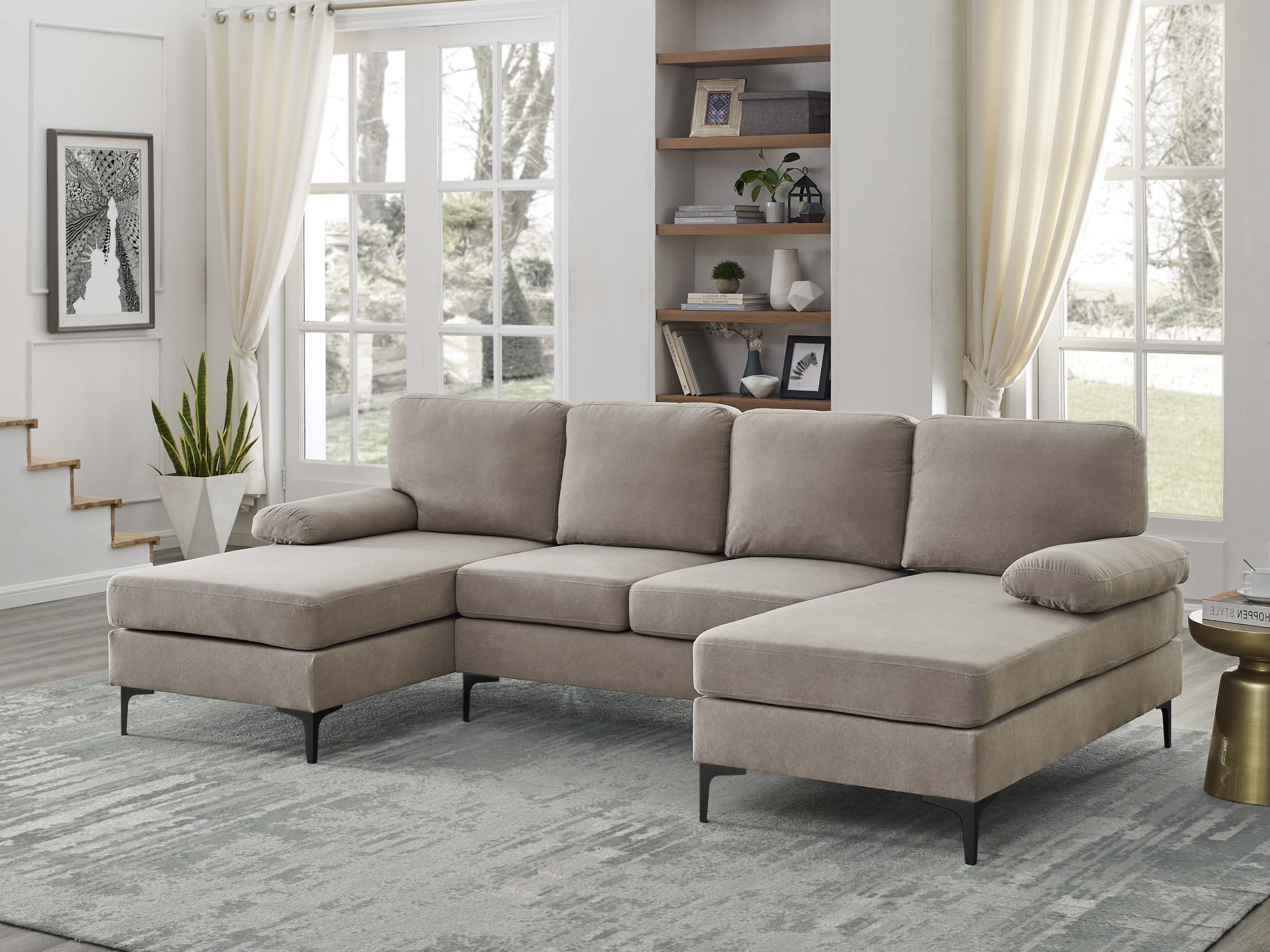 Jopath U-Shaped Sectional Sofa, 4-Seat Convertible Modular Sofa with Double Chaise Lounge,Blend Fabric Upholstered Sofa Couch with Metal Legs for Living Room,Apartment,khaki