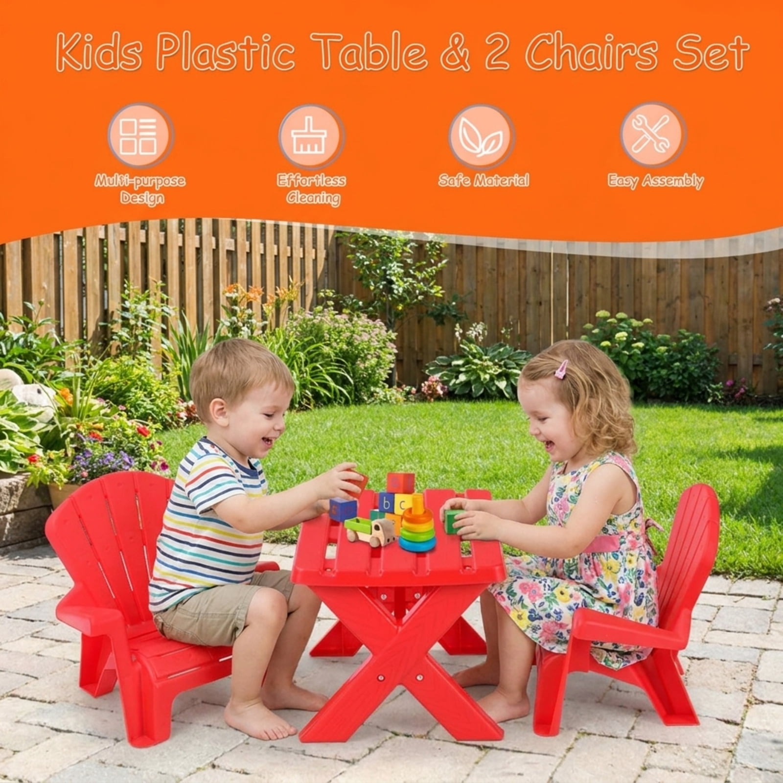 Furnibear 3-Piece Plastic Kids Table and Chair Set with Durable PP Build for Playroom and Outdoor Childrens Activity Table with 2 Chairs, Red