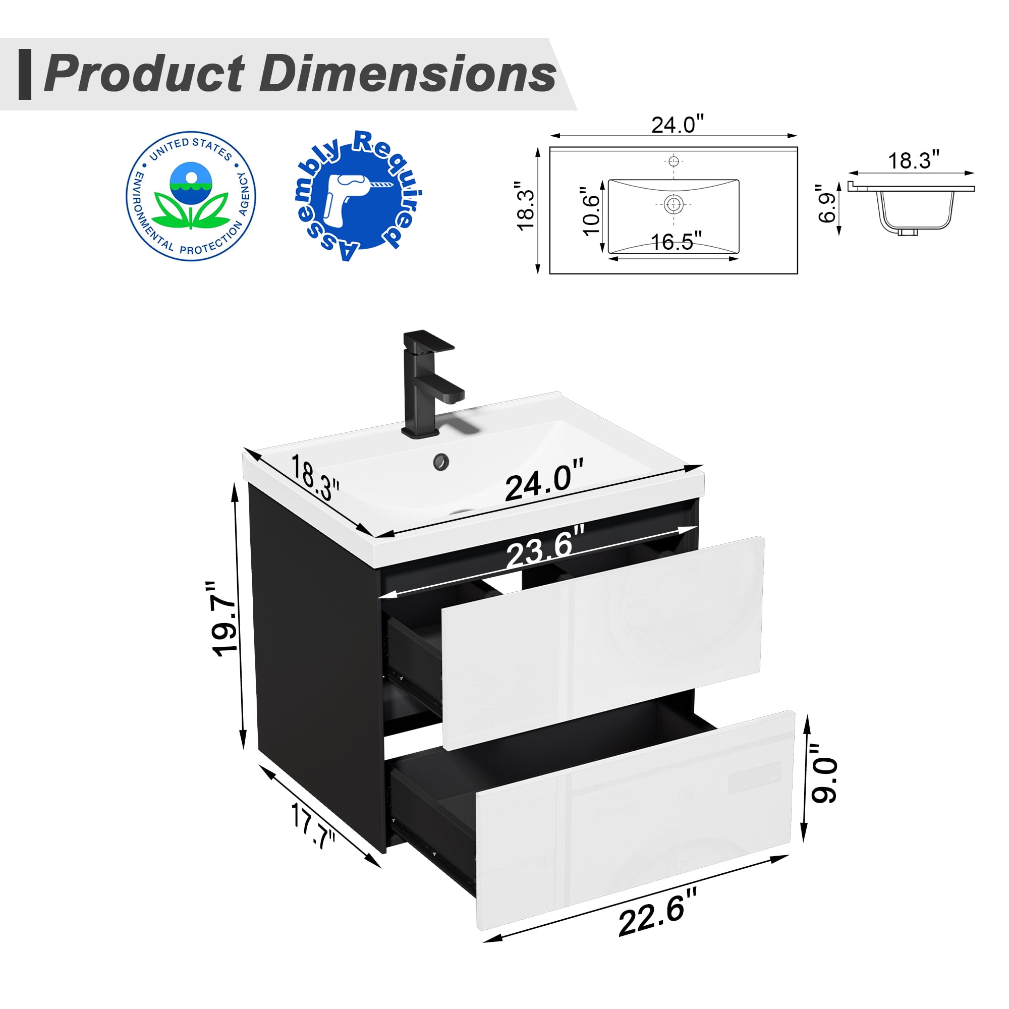 Eclife 24" Black and White Single Bathroom Vanity with Integrated Sink Top, Faucet and Drain