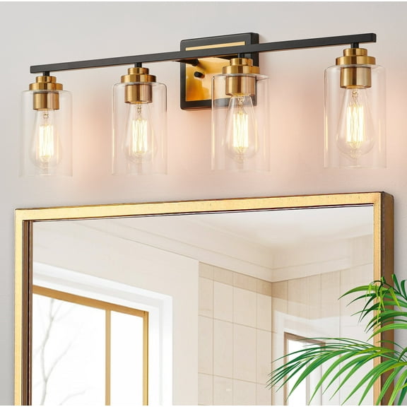 KAWOTI 30 in. 4-Light Black and Brass Vanity Light with Clear Glass Shades