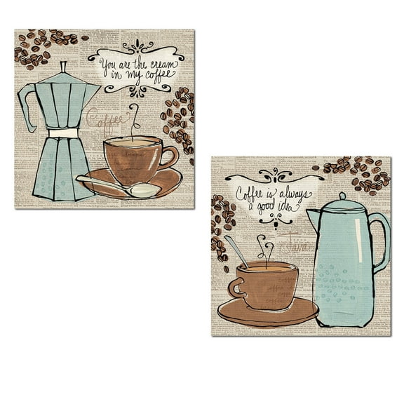 Sweet Sentiment "You're The Cream to My Coffee" and "Coffee Is Always A Good Idea" Kitchen Art Set by Anne Tavoletti; Two 12x12in Paper Posters