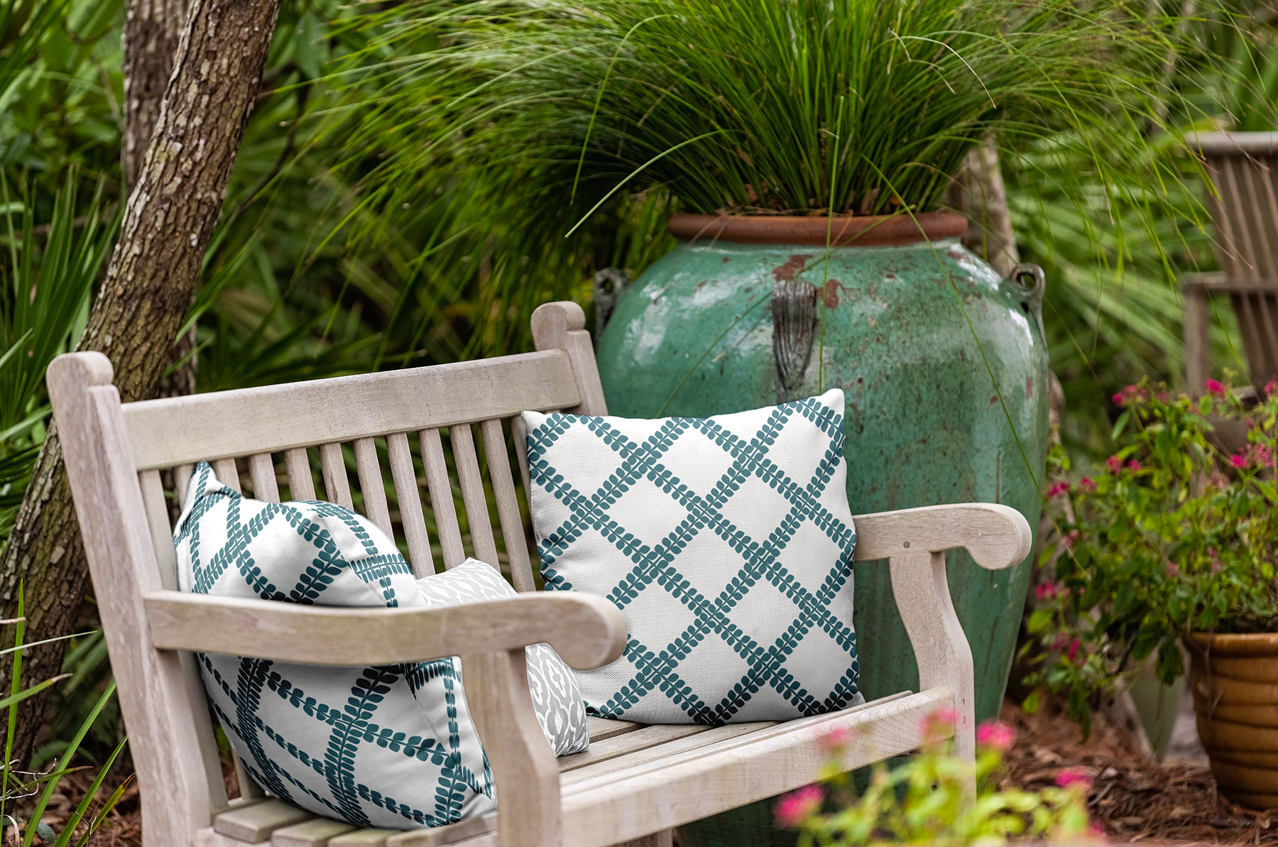 Simply Daisy 20" x 20" Leaf Plaid Indoor/Outdoor Throw Pillow, Mineral Blue (1 count)