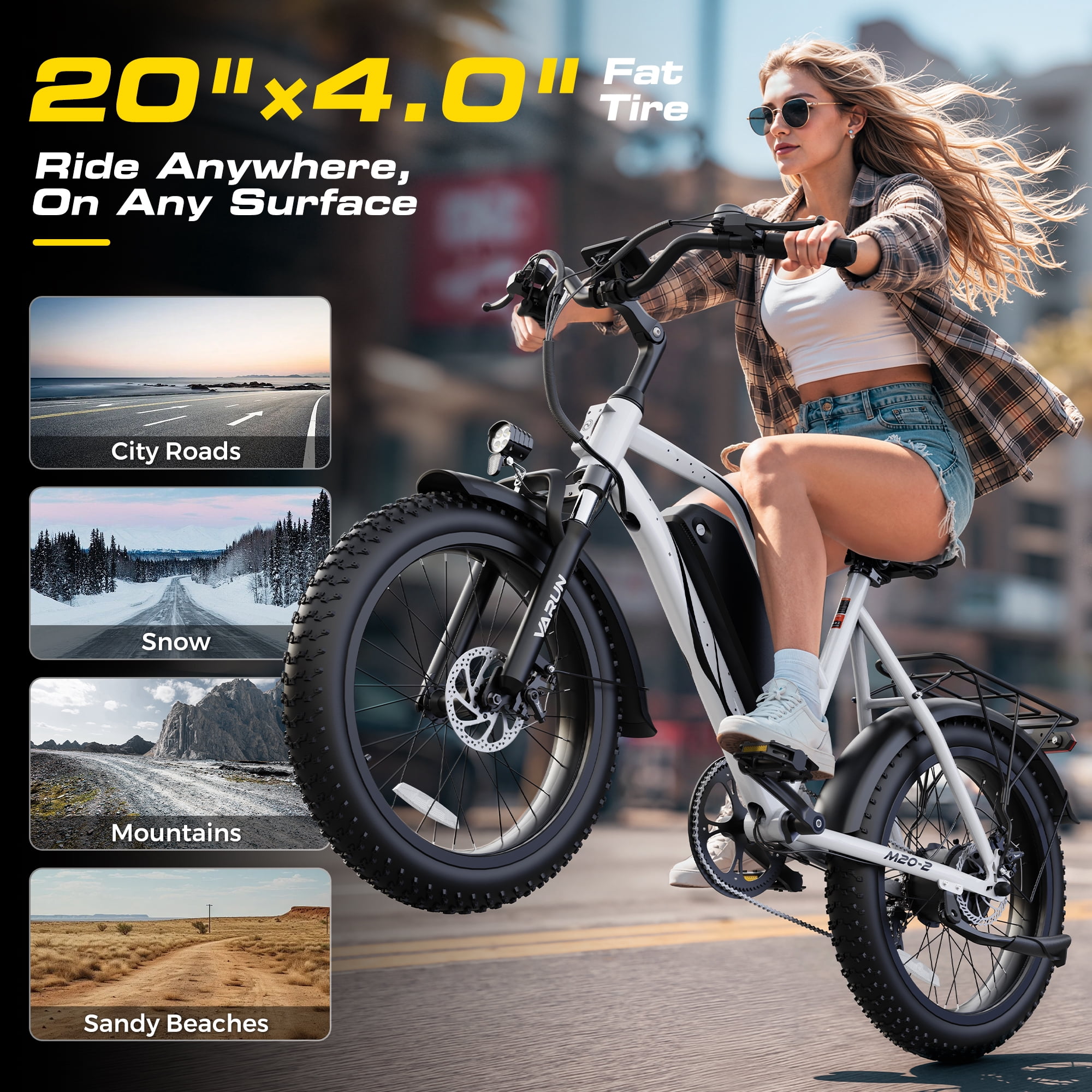 VARUN Electric Bike, 20" Fat Tire EBike for Adults with Peak 750W 48V 624Wh Removable Battery, Electric Mountain Bike for Men & Women with Top 20MPH 60Miles,7 Speed, Rear Rack, UL2849