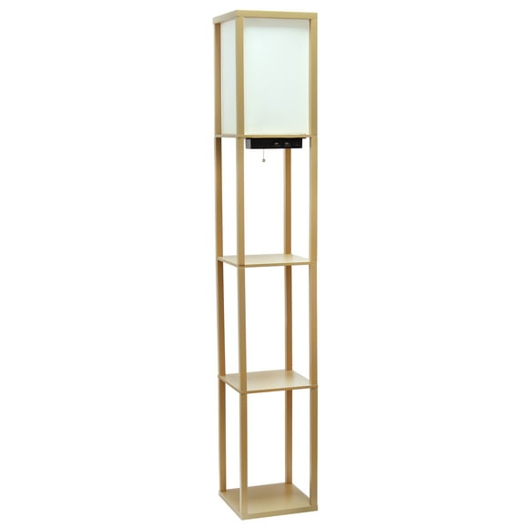 62.5 inch Tan Floor Lamp Organizer Storage Shelf with 2 USB Charging Ports, 1 Charging Outlet
