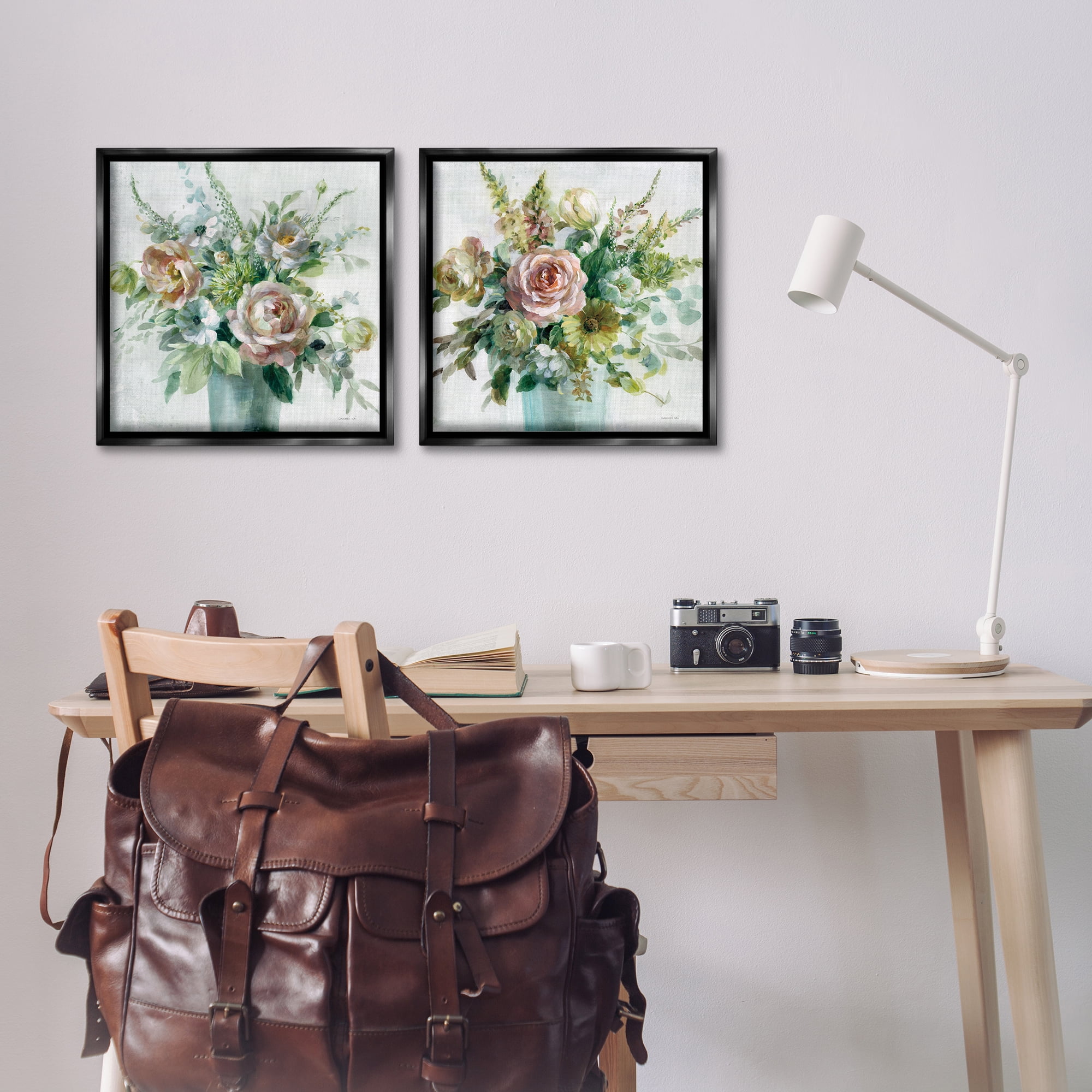 Stupell Industries Sage Peach Still Life Florals Plants & Flowers Painting Black Floater Framed Canvas Art Print Wall Art, 18 x 18, Set of 2