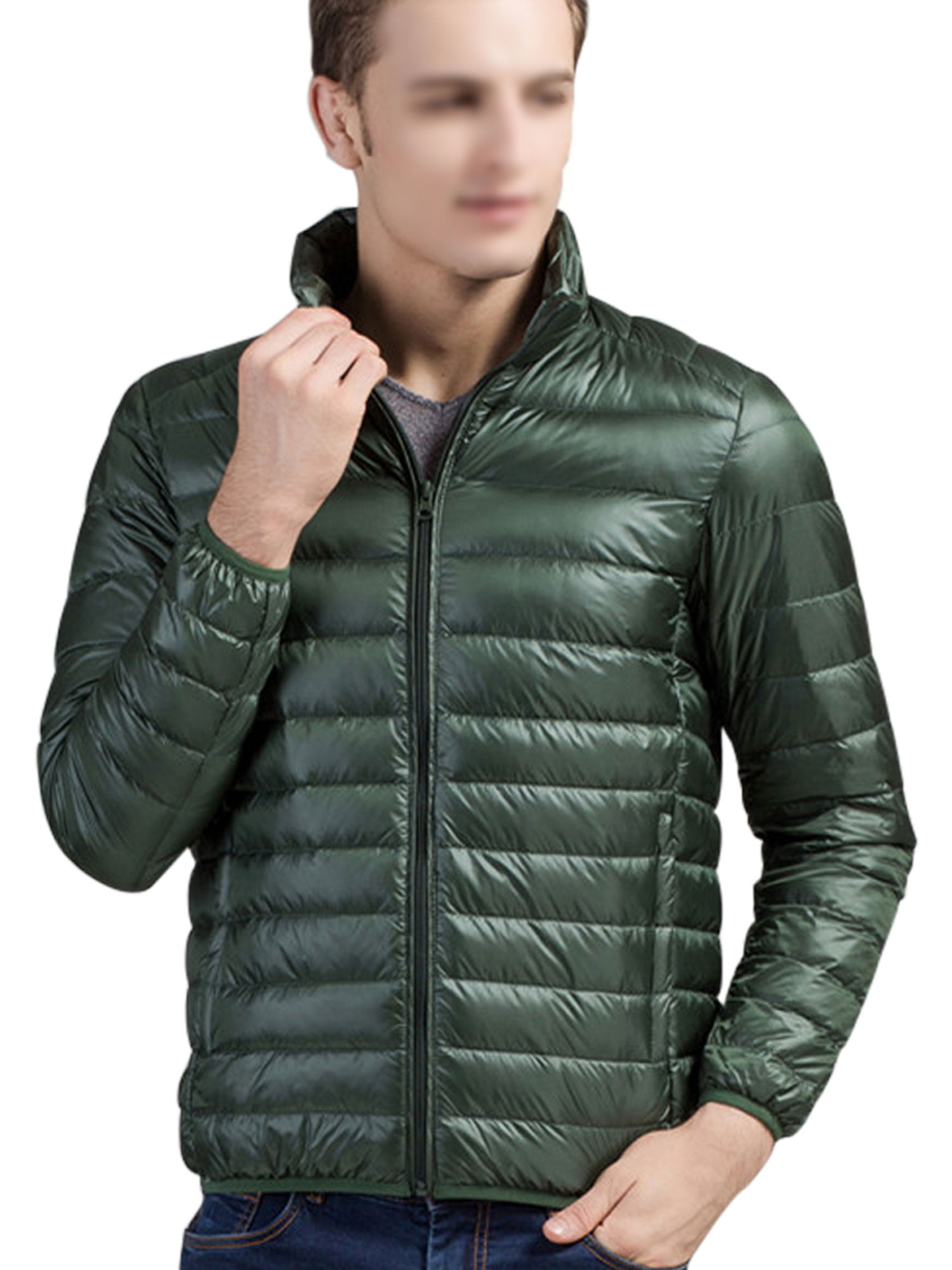Men Leather Puffer Jacket Winter Windproof Zipper Down Coat 
